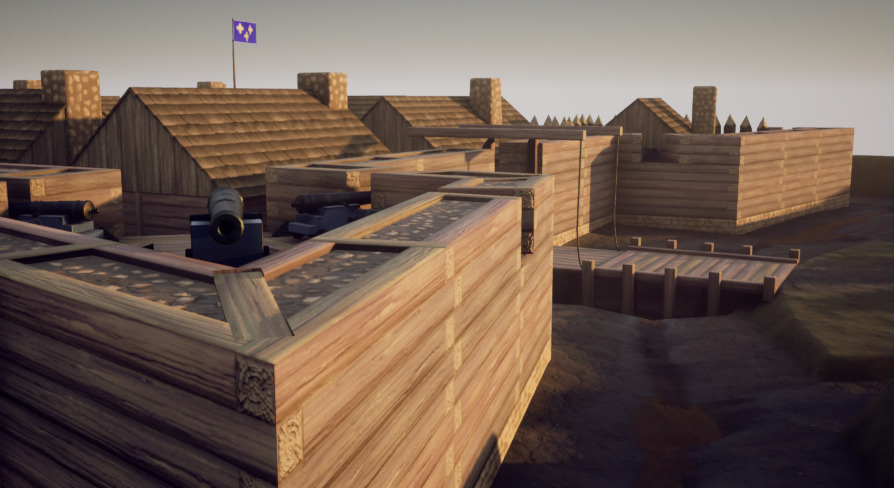 Two cannon-equipped bastions cover Fort Duquesne's main gate.